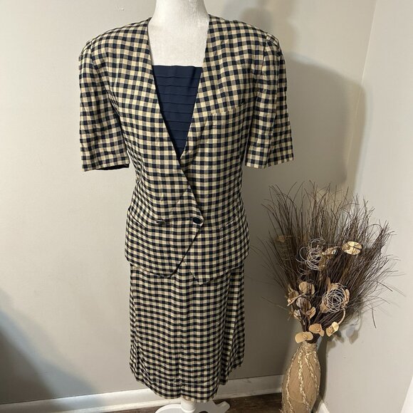 Vtg Kasper For ASL 2pc Skirt Suit Gingham Tan Double Breasted Jacket Lined Sz 14 - Picture 1 of 10